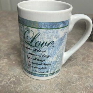 "Love bears all things' vintage coffee mug, double sided print